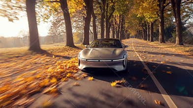 Modern Silver Sedan Driving on a Picturesque Autumn Road