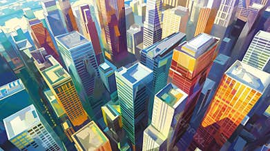 Colorful Futuristic City Skyline in Abstract Art Style Ai Generative