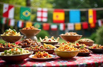 Outdoor buffet table displays variety of international dishes. Colorful food dishes showcase global cuisines. National flags