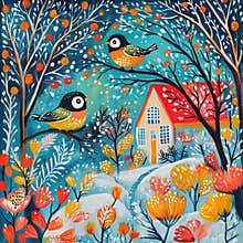 colorful whimsical painting, winter scene with two birds perched on tree branches, multicolored foliage in foreground