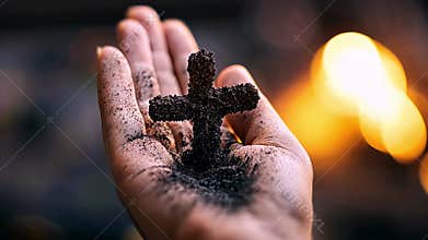 Ash Wednesday concept: cross from ashes symbol of faith and hope in hand