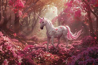 Fantastically beautiful mythological pink unicorn with big long horn, abstract vivid composition consists of fictional