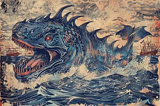 Terrifying scary sea monster in dark depths of deep blue ocean, abstract vivid composition consists of fictional unreal
