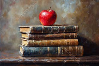Books stacked with a red apple placed on top in an artistic display