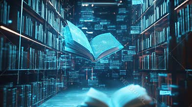 Futuristic digital library showing augmented reality book and data
