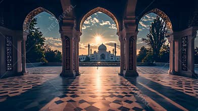 Generative AI Majestic View of Iconic Taj Mahal at Sunset Framed by Ornate Architecture business concept.