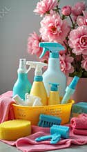 Bright cleaning supplies arranged with pink flowers