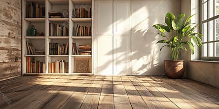 With a minimalist white virtual background, a beautifully crafted wooden bookshelf with empty shelves stands out