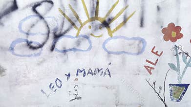 Street art city drawing on walls with text and concept design. Kid and childlike cute sun, positive