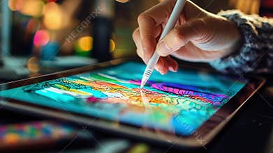 Designer drawing with stylus pen on tablet at night