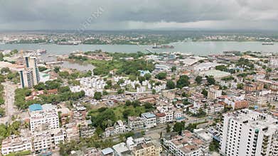 Areal Tracking shot of African coastal industrial port City town Cloudy day Mombasa County, Kenya