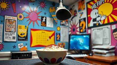 Creative workspace with computer and popcorn, home office setup stock footage Generative AI