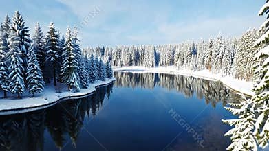 Snowy winter lake landscape, frozen nature and cold season stock footage Generative AI