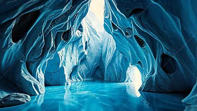 Ice cave with blue light, frozen landscape and natural wonder stock footage Generative AI