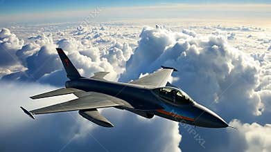 Jet plane flying above clouds, aviation and air travel stock footage Generative AI