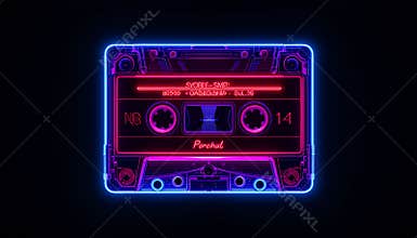 Glowing Neon Pixel Art Cassette Tape: Retro 80s Synthwave Design