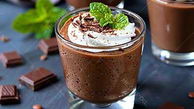 Delicious rich chocolate mousse topped with whipped cream and mint sits elegantly on a dessert table