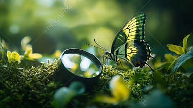 Close-up of a butterfly perched near a magnifying glass in nature