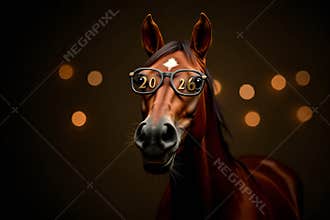 Portrait of a horse with glasses with numbers 2026