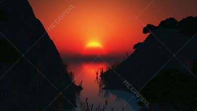 Rising sun and trees at ocean