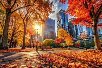 Golden Autumn Embrace Urban Landscapes Transformed by Fall Foliage Showcasing the Stunning Beauty of Seasonal Change in