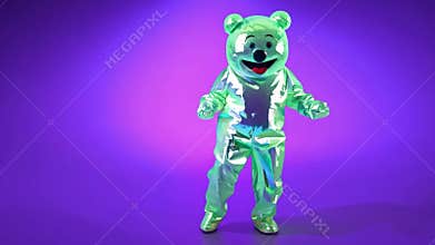 A green bear in a costume is dancing on a purple background
