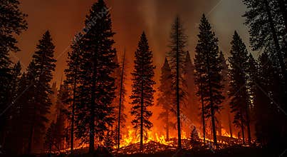 Forest Fire Burning Trees at Night with Intense Flames and Smoke