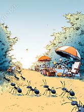 Ants Parade Toward a Delightful Picnic Spread in a Cheerful Comic Setting on a Warm Sunny Day Generative AI