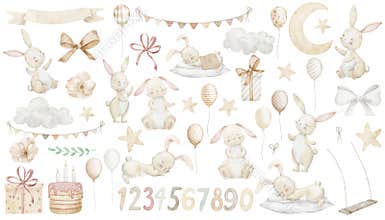 Watercolor set with birthday Bunnies, clouds, balloons, stars and moon. Illustration of Rabbits for Baby shower invitations or