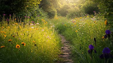 Sunlit Meadow Path with Wildflowers Iris and Sunflowers in Lush Green Field