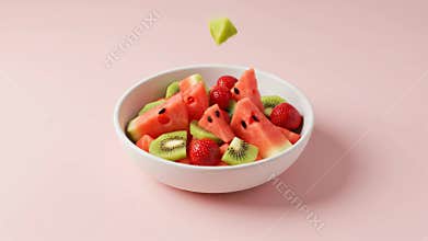 Fresh Fruit Salad Bowl with Watermelon Kiwi and Strawberry on Pink Background
