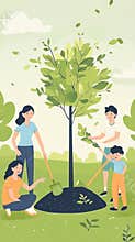 Family plants a tree together in a green field with a clear sky in a cartoon style illustration