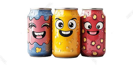 Colorful Cartoon Beverage Cans With Smiling Faces. Playful And Fun Drink Packaging Design Isolated On Transparent