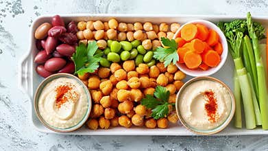 Vegetarian arabic mezze platter with hummus, chickpeas and fresh vegetables