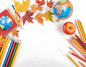 Back to School Autumn Frame with Books globe and Leaves – Watercolor Illustration
