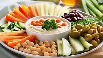 Delicious hummus surrounded by fresh vegetables and chickpeas on white plate