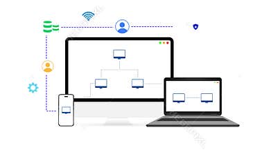 Animated Flat Design of Cloud-Based Network Infrastructure Connecting Smartphone, Laptop,