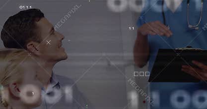 Nurse entering exam room while digital overlay fading, explaining health data to dad and daughter