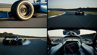 A collage of formula race cars driving on a track from different angles view