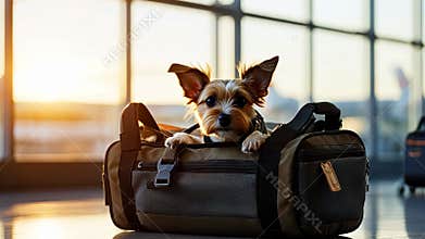 A dog carrier bag styled on a clean airport trolley with natural lighting. background