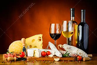 Cheese, sausages and wine