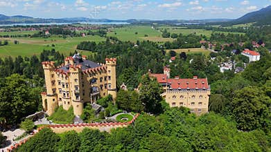 Close Up Hohenschwangau Castle with Village Houses Fuessen Germany