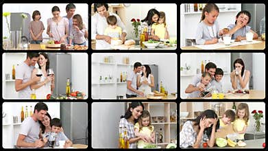 Montage of caucasian families in the kitchen