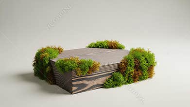 Natural Wood Pedestal with Green Moss for Eco Product Display