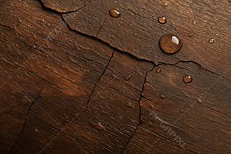 Detailed view of cracked earth surface with water droplets reflecting light and texture