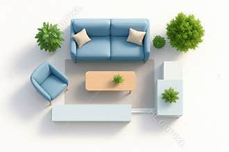 Modern living room arrangement featuring a blue sofa armchair and coffee table with lush greenery