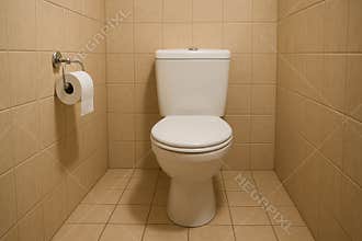 Modern white toilet in a clean tiled restroom with toilet paper holder and neutral beige ceramic wall and floor tiles, AI