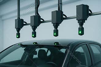 Modern automated surveillance system scanning vehicle roof with green lights for advanced security inspections in a controlled