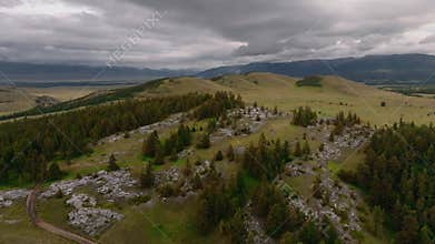 Aerial video from a drone, beautiful landscape with a view of a coniferous forest and the Altai Mountains and a wonderful
