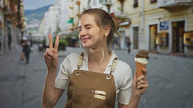 Woman smiling holding ice cream cone on city street in apron making peace sign outdoors in sunny urban setting